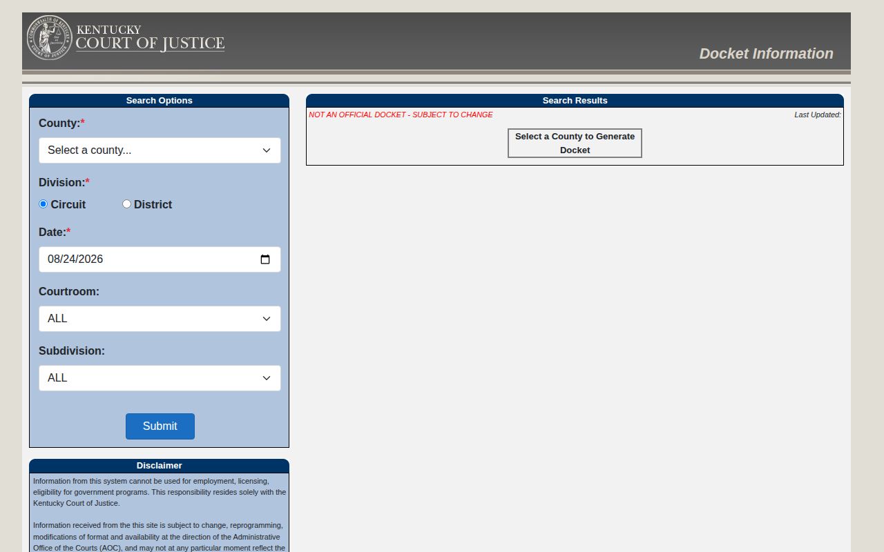 Kentucky court docket search