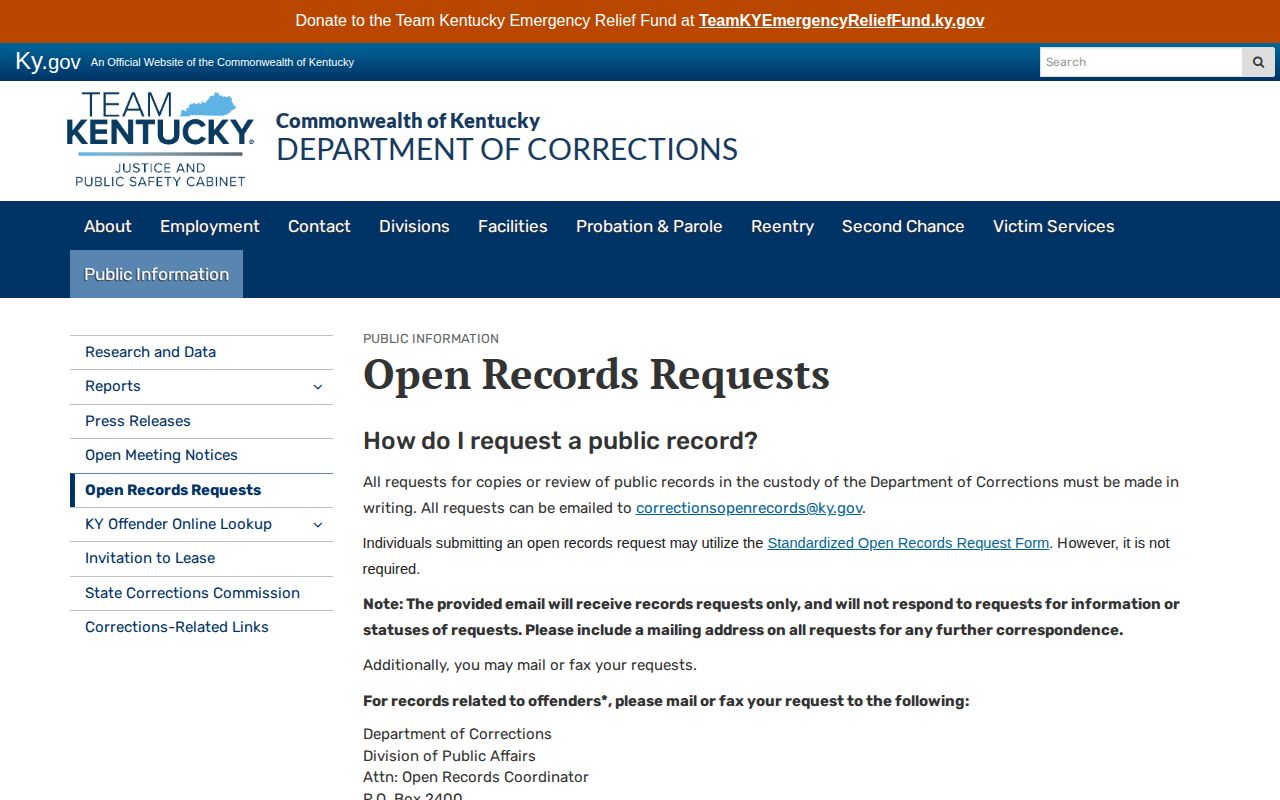 Kentucky DOC open-records request page